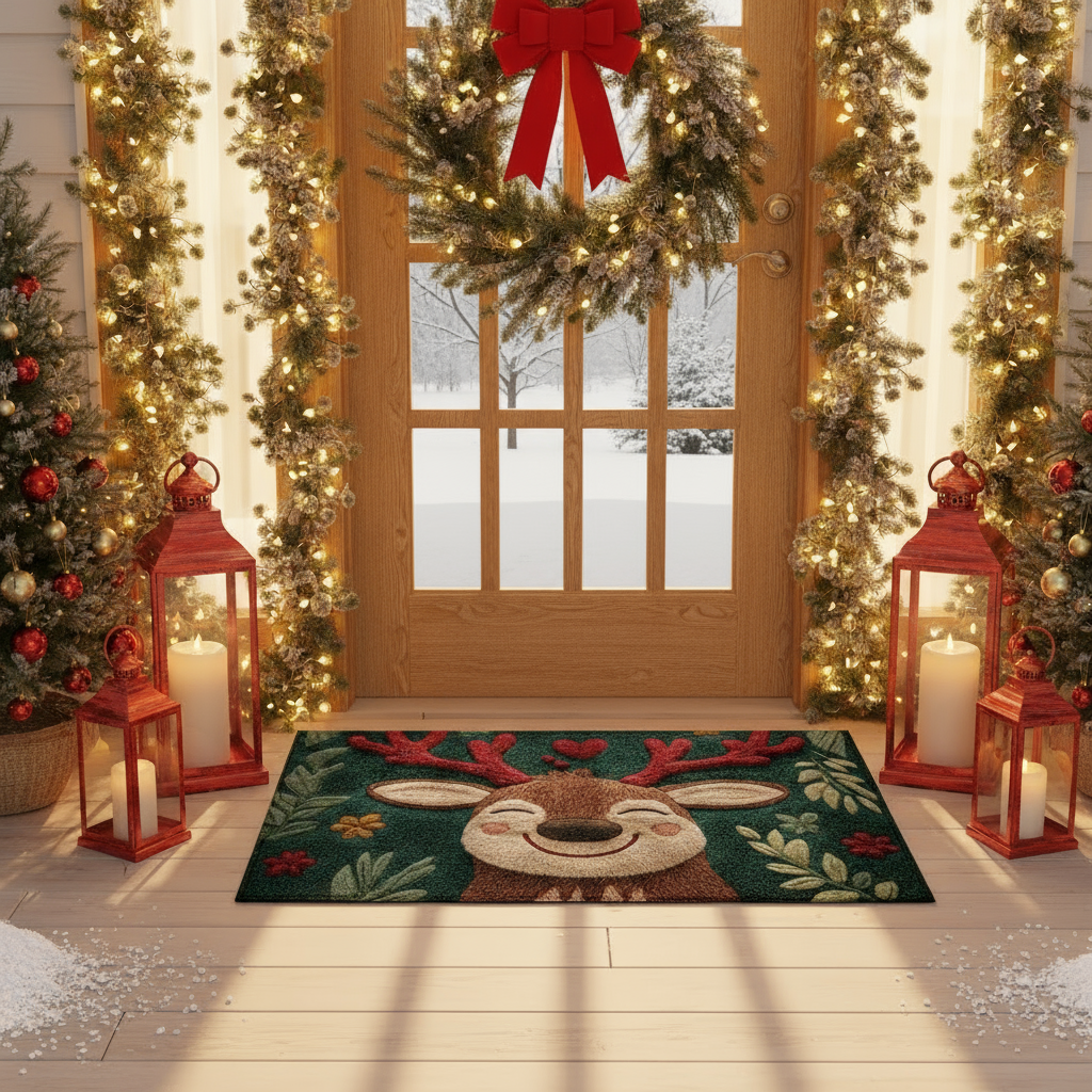 Christmas entrance with snowy view through door